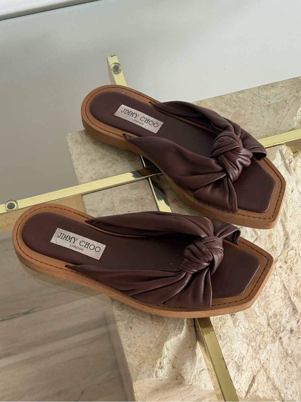 Jimmy Choo Brown Knotted Leather Slide Sandals with Tan Sole